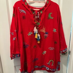 Johnny Was Red Embroidered Top